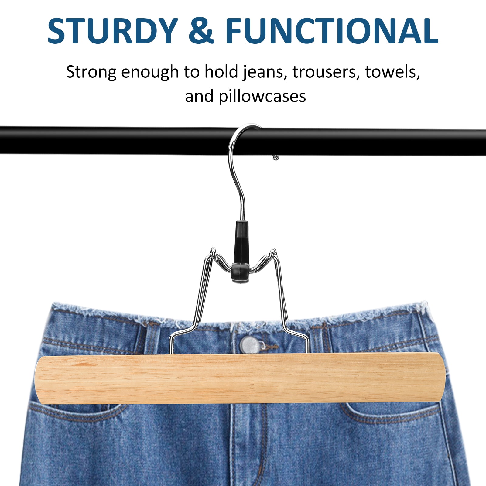 BagDream 12 Pack Wooden Pants Hangers with Clips, Smooth Finish Solid Wood Non Slip Skirt Hangers Jeans Slack Clamp Hanger, Natural