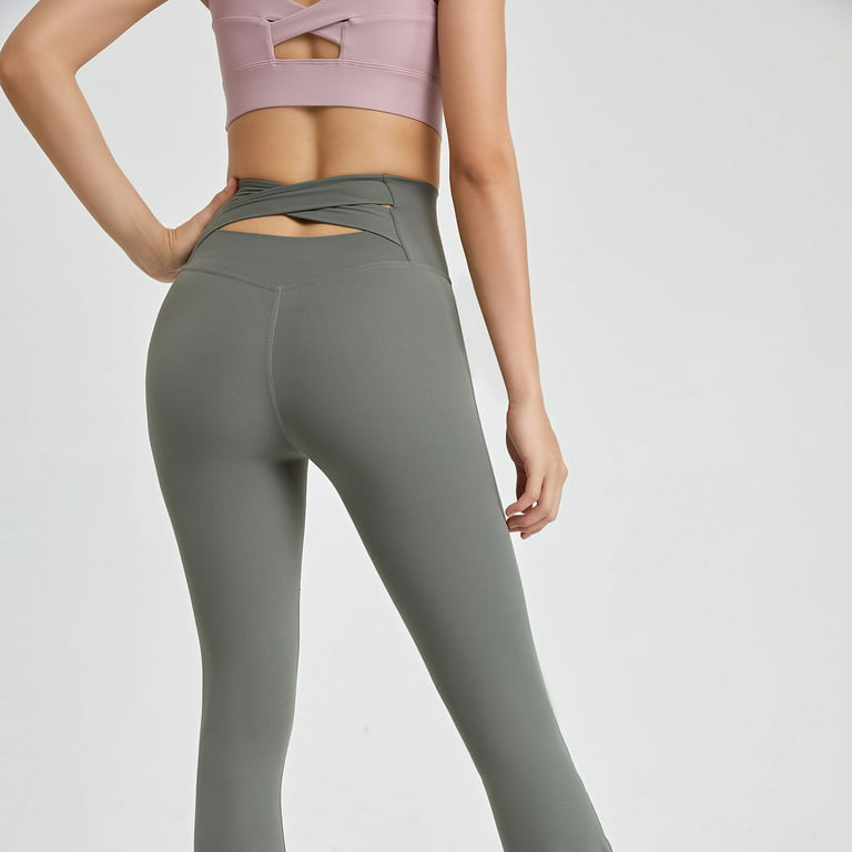Yoga Leggings for Women Skinny Flare Pants Stretchy Fold Over Waist Solid  Color Breathable Slim Butt Lifting Sweatpants (M, Khaki-J) 