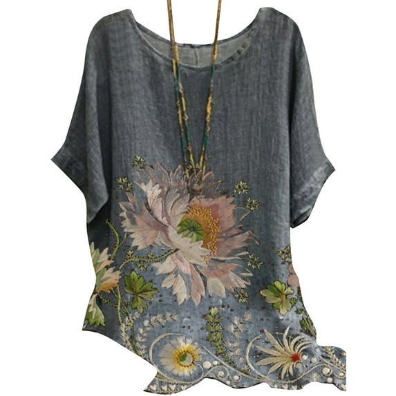 YAGHYAGH Womens Retro Printed Short Sleeve Cotton Linen Loose Tunic Blouse Tops