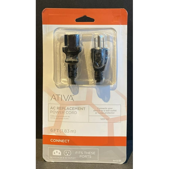 Ativa® Universal AC Replacement Power Cord, 6'
