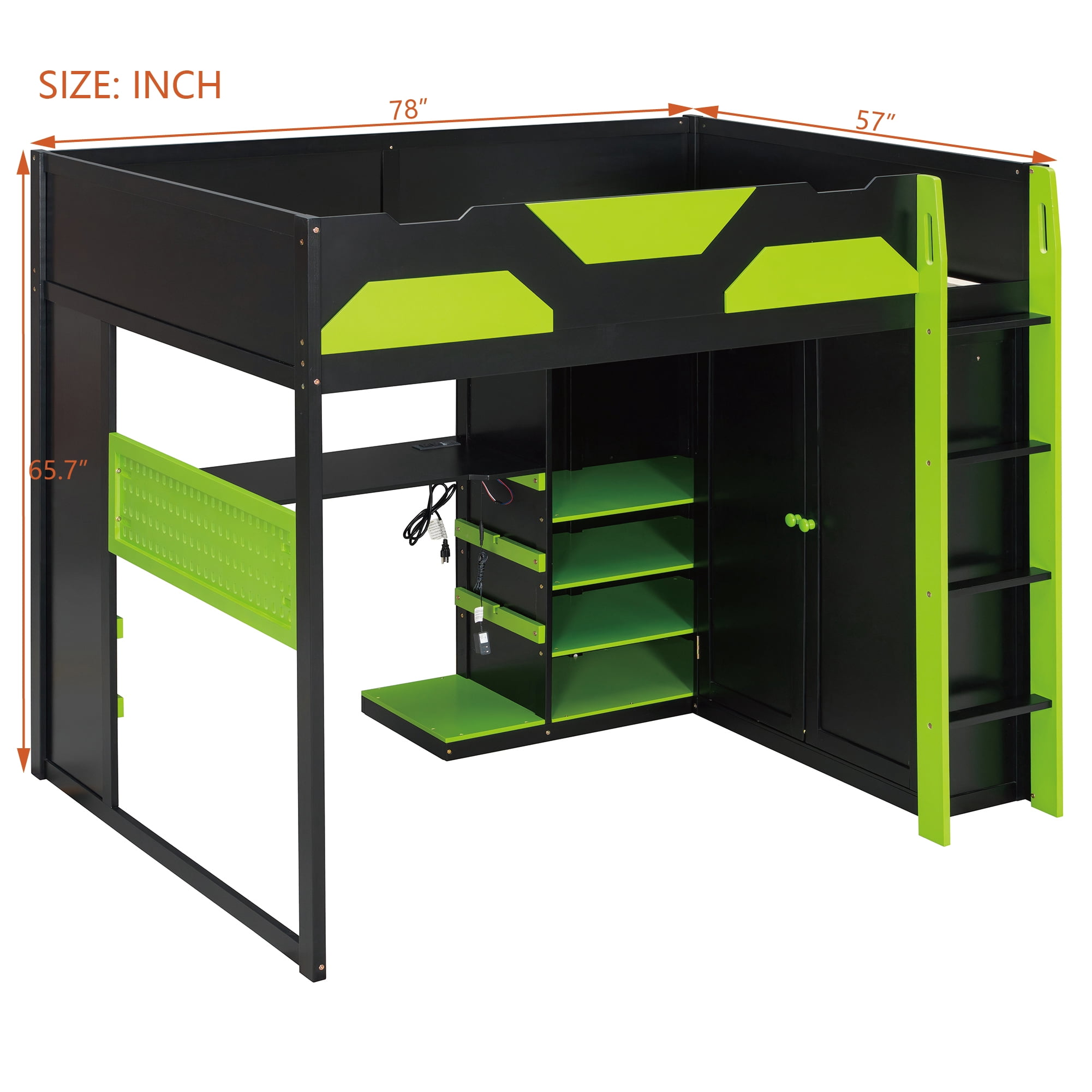 Mintazer Full Gaming Loft Bed with Adjustable Desk & Wardrobe, Modern Loft Bed with RGB Lights & Storage Pegboard, Black & Green