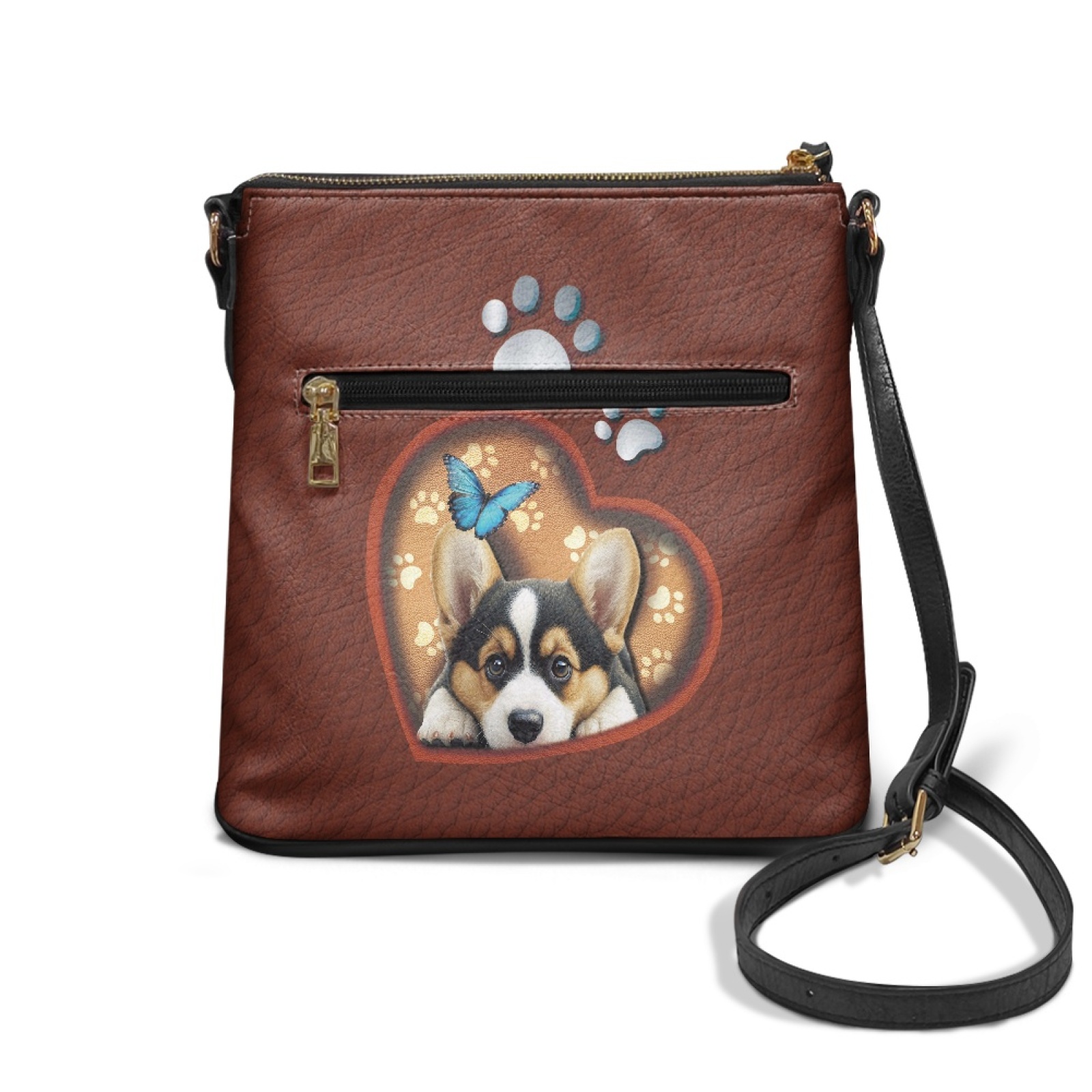 LedBack Corgi Print Leather Shoulder Handbag for Women, Crossbody Sling Hobo Bag Satchel Handbag with Adjustable Strap Casual Messenger Bag for Travel Work, Brown