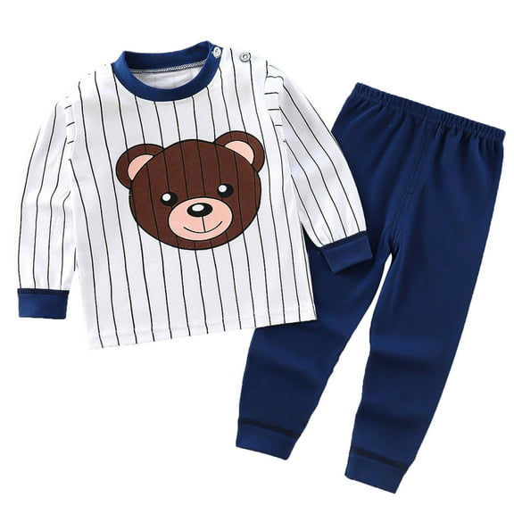 Zwiiyzr 3M-5Y Toddler Baby Kids Winter Fall Pajama Set Boys Girls Solid Color Stripe Bear Print Long Sleeve 2 Piece Outfits Sleepwear Baby Clothes Suit White