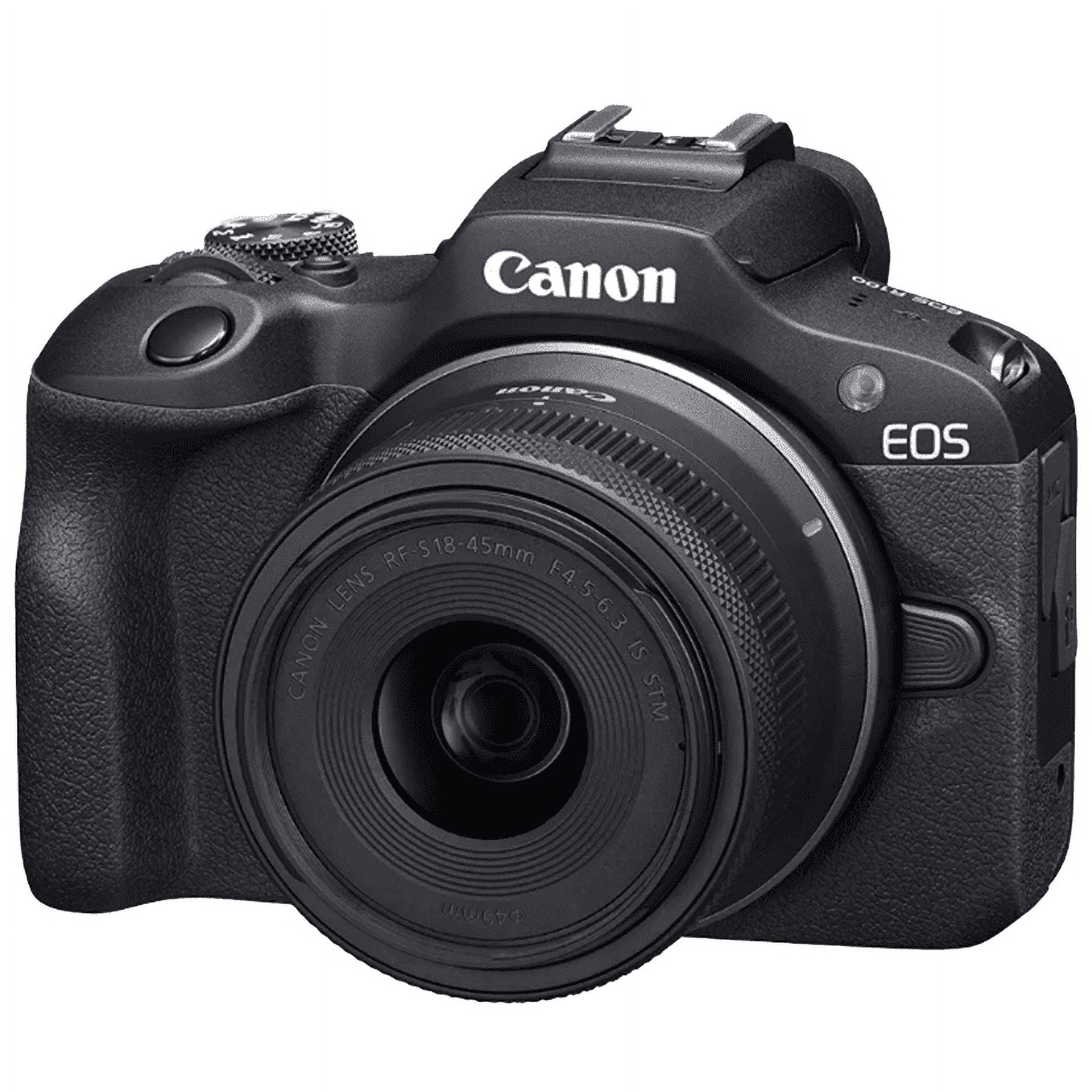 Canon EOS R100 Mirrorless Camera Body with 2 Lens Kit RF-S 18-45mm IS STM and RF-S 55-210mm IS STM Bundle with Deco Gear Photography Bag + Microphone + Monopod + Software & Accessories Kit