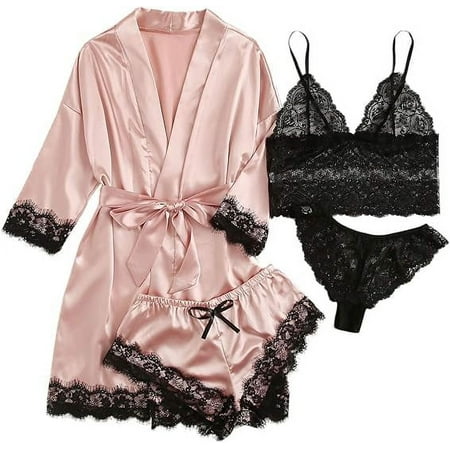 SkyAuks 4Pcs Women s Floral Lace Trim Cami Lingerie  Satin Pajama Set  Sleepwear with Robe  Pink  L