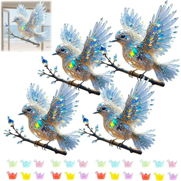 Crystal Sky Bluebird Stained Art Ornament, Hummingbird Stained Glass for Windows & Mantels Hanging Decor, Double-Sided Acrylic Bird Suncatcher, for NatureA Lovers Unique Gifts (4pcs)