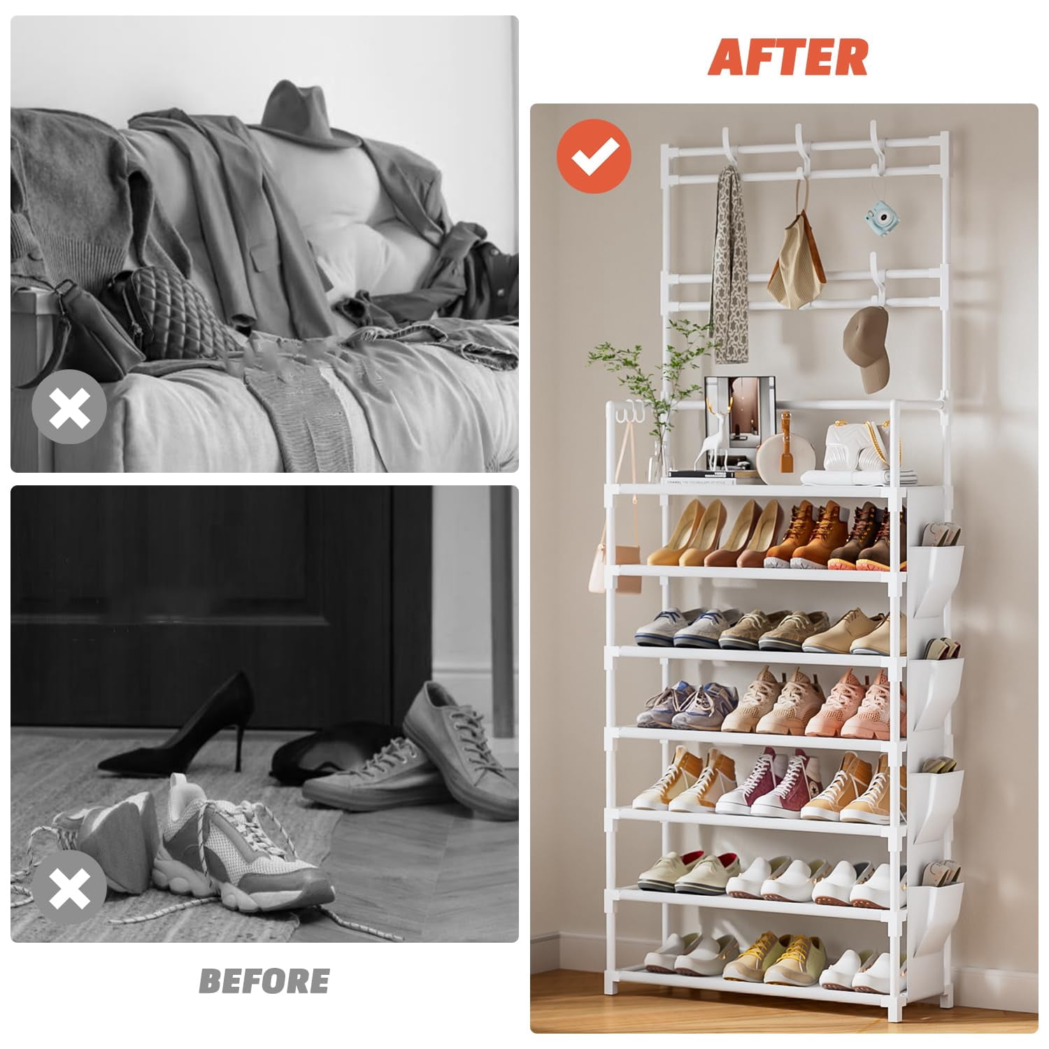 Shoe Rack 7 Tier Organizer Storage 21-28 Pairs Closet Shoes For Front Door Entrance With Hooks Side Pocket Entryway Large Capacity Shelf Tower Garage