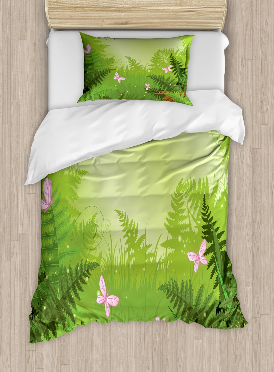 Forest Duvet Cover Set Twin Size, Magical Landscape with Pink