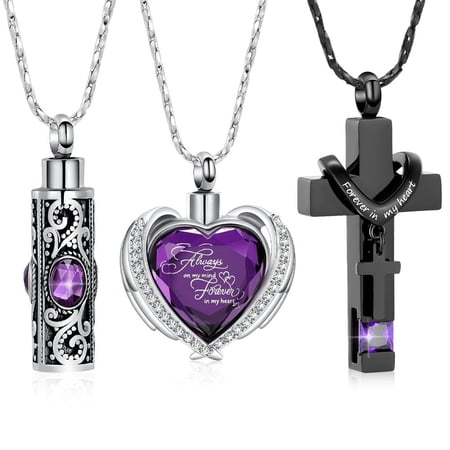 3 Pack Urn Necklace for Ashes Cremation Jewelry for Ashes, Simulated Birthstone Heart Cross Cubic Ashes Necklace Ashes Keepsake for Men and Women With Funnel Tool