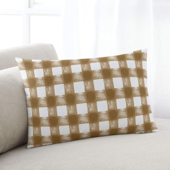 Brown White Plaid Small Pillow Covers, Watercolor Farmhouse Checkered Soft Breathable Throw Pillow Cases with Invisible Zipper, Decorative Pillowcase Pillows Protectors for Sofa Bed Chair 12"x20"