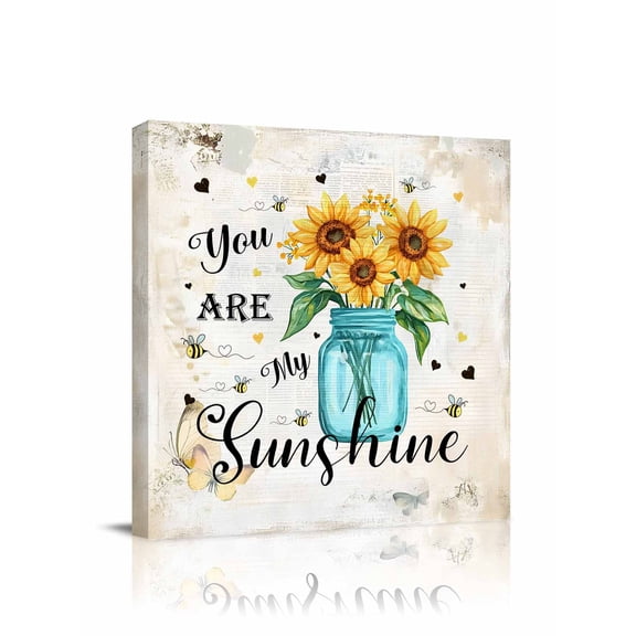 You Are My Sunshine Canvas Wall Art, Vintage Sunflower Bee Farm Framed Wall Decor Modern Artwork Prints Painting for Living Room, Bedroom, Kitchen & Cafe Decor 8x8 Inch