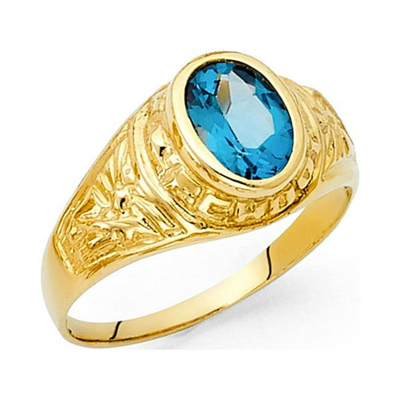 Blue CZ Ring Solid 14k Yellow Gold Mens Band Oval CZ Greek Design Stylish Polished Finish Fancy, Size 10