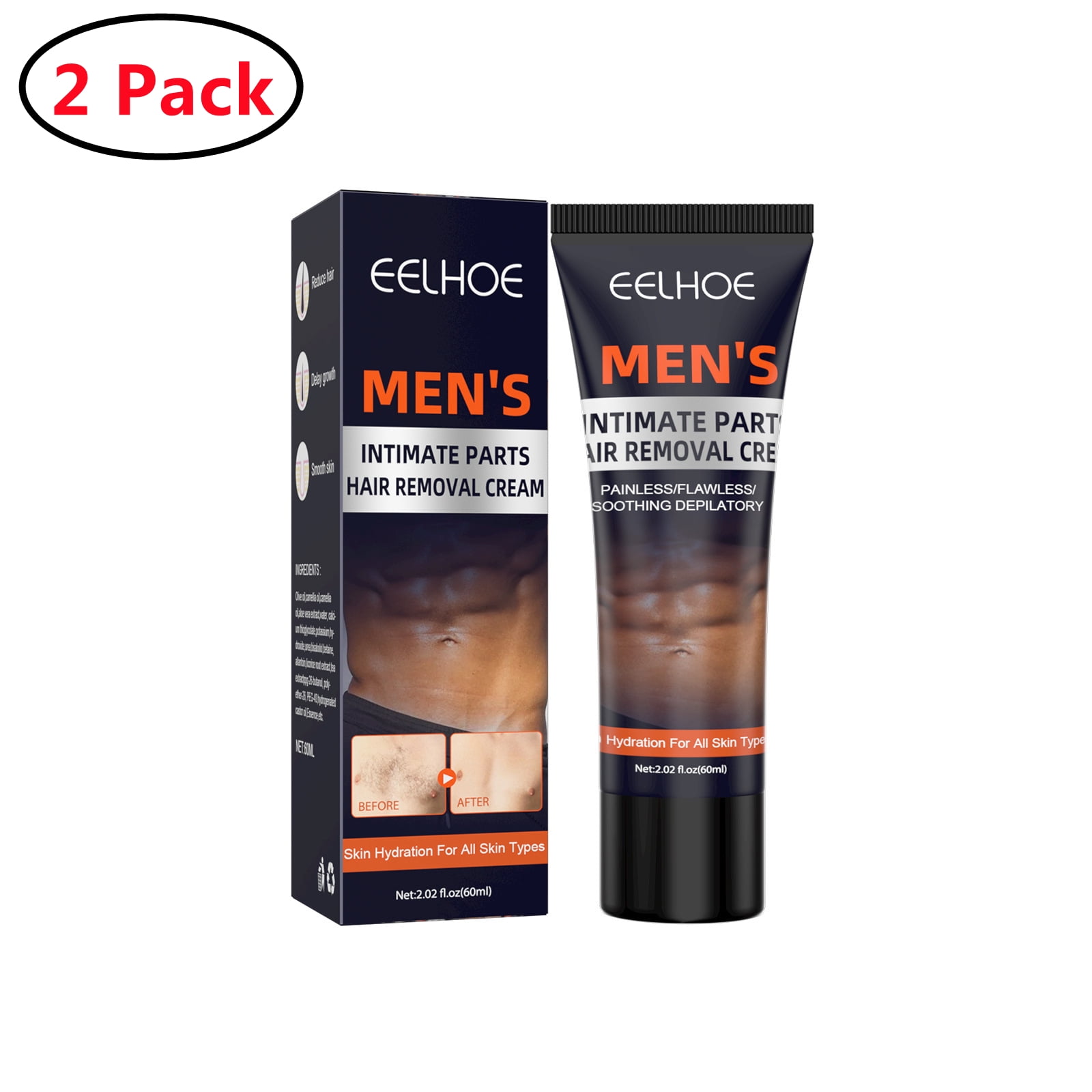 2 Pack Hair Crew Intimate/Private Hair Removal Cream - Painless, Flawless,  Soothing Depilatory for Unwanted Coarse Male Body Hair 
