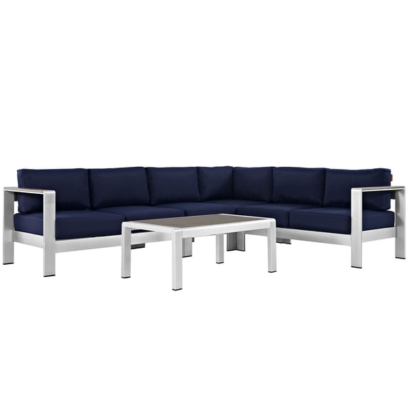 Modway Shore 5 Piece Outdoor Patio Aluminum Sectional Sofa Set in Silver Navy