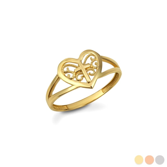 10K Solid Gold Filigree Heart Cross Ring (Size 5)