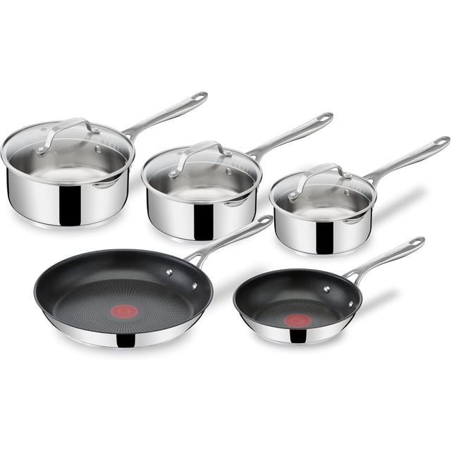 Jamie Oliver by Tefal 8pc Cooks Direct 18/10 Stainless Steel Cooks Direct pots and pan Set, cookware Set, Frying pan, Non Stick Frying pan, Non Stick Interior pots and Pans with Thermospot Technology