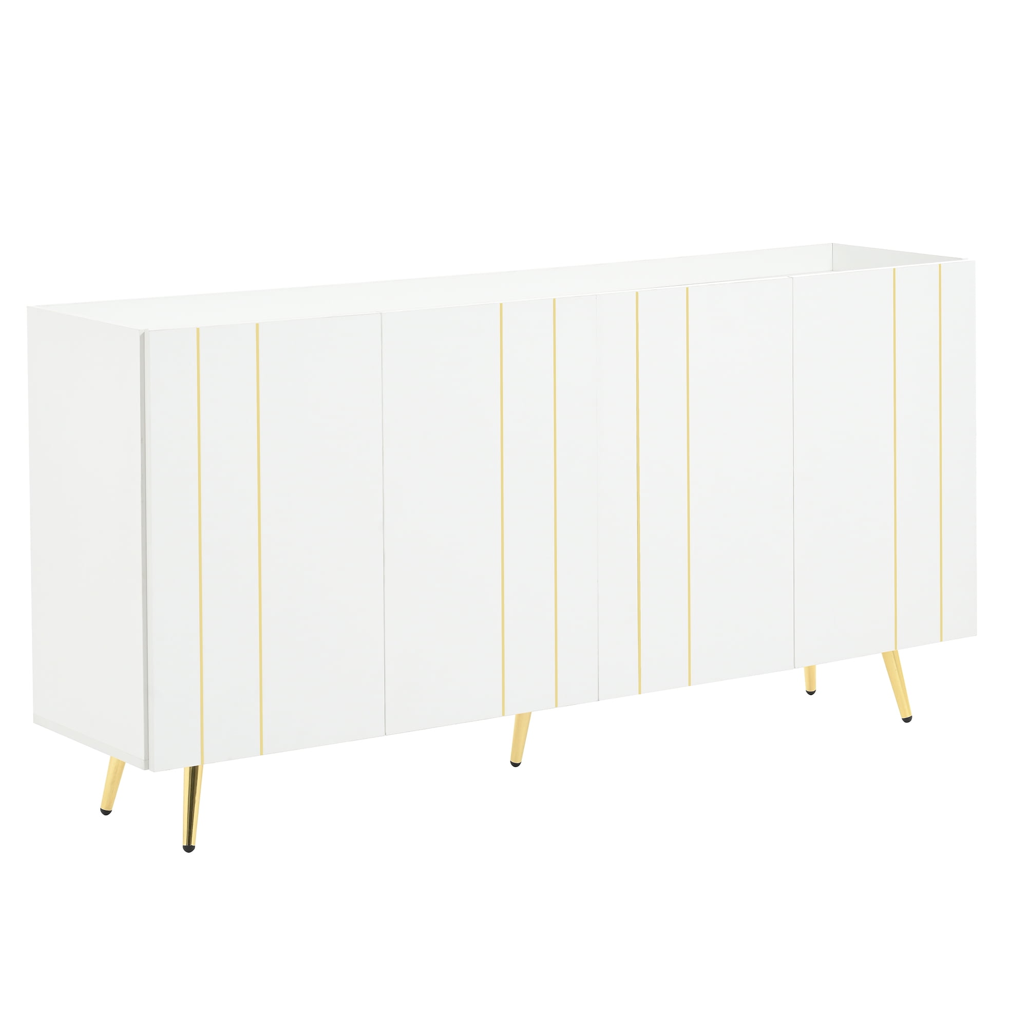 MAYEERTY Luxurious Shoe Cabinet with 5 Metal Legs, Modern TV Stand with 4 Adjustable Shelves for TVs Up to 70", Minimalist Sideboard Cabinet with Gold Lines Doors for Living Room,62.9"x 31.4",White
