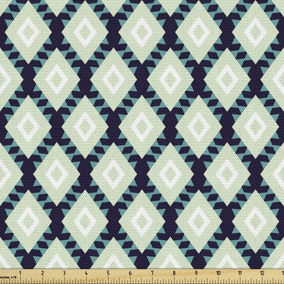 Ethnic Upholstery Fabric by the Yard, Modern Geometric Boho Tribal Diagonal Folk Shapes Funky Hippie Rhombs, Decorative Fabric for DIY and Home Accents, Pale Green Dark Indigo by Ambesonne