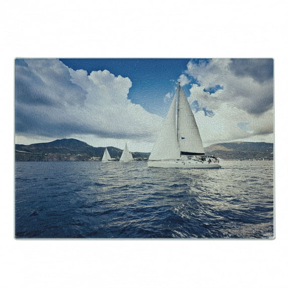 Nautical Cutting Board, Sailing Boat and Sails on Sea Waves Cloudy Sky Adventure Photo Print, Decorative Tempered Glass Cutting and Serving Board, Small Size, Blue and White, by Ambesonne
