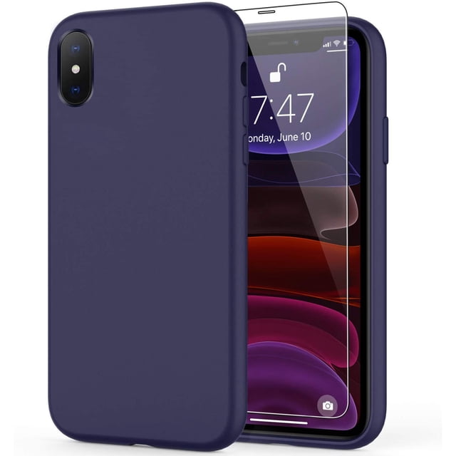 iPhone Xs Max Case with Screen Protector,Soft Liquid Silicone Gel Rubber Bumper Cover,Slim Fit Shockproof Protective Phone Case for iPhone Xs Max Dark Blue
