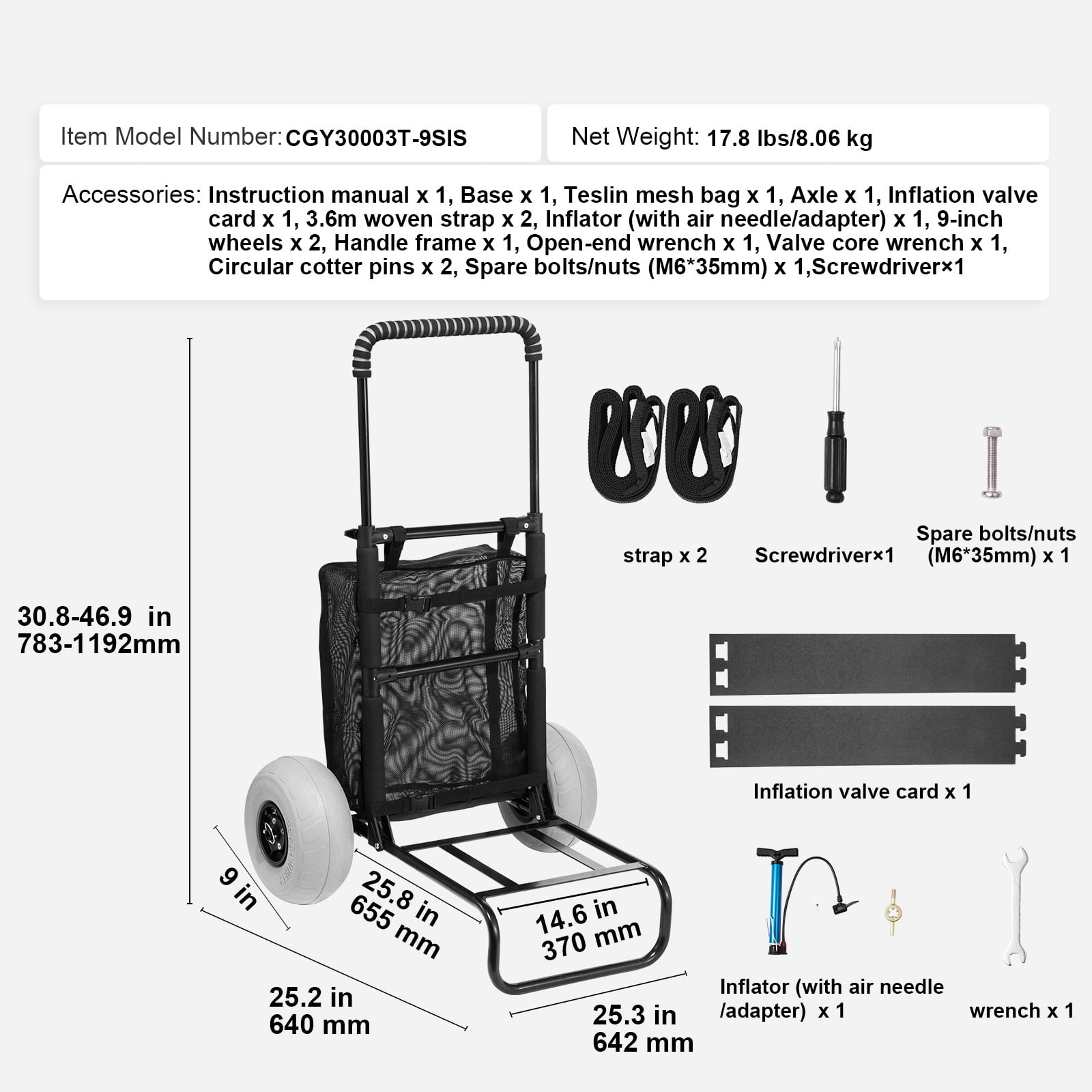 KFFKFF Shore Trolley with Large Sand-Friendly Wheels, Cargo Platform Measuring 20.1" x 14.6", Equipped with 9" Inflatable Wheels, Foldable Sand Wagon Supports up to 165LBS & Offers Adjustable Height