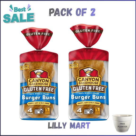 Canyon Bakehouse Burger Buns, Gluten Free Hamburger Buns, 100% Whole Grain, Fresh, 4 Count, 12 oz pack of 2