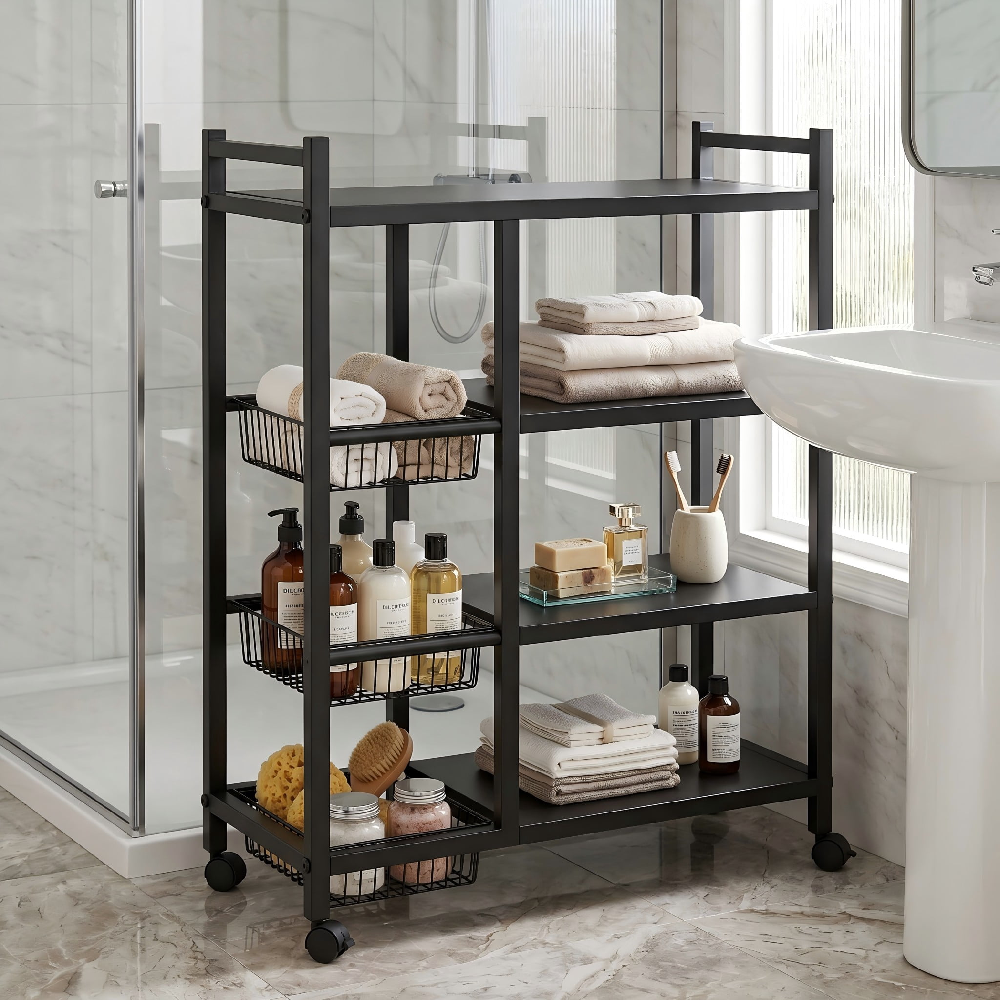 Rolling Kitchen Storage Cart with Shelves and Baskets, Mobile Pantry Organizer for Kitchen, Coffee Station and Small Spaces, Multiple Styles Available