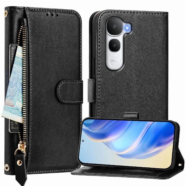 FOXDOCK Funda Tipo Cartera para Xiaomi Redmi A3 Pro Cuero PU con Cremallera y Correa de Muñeca, Ranuras para Tarjetas, Soporte Plegable, Cierre Magnético
