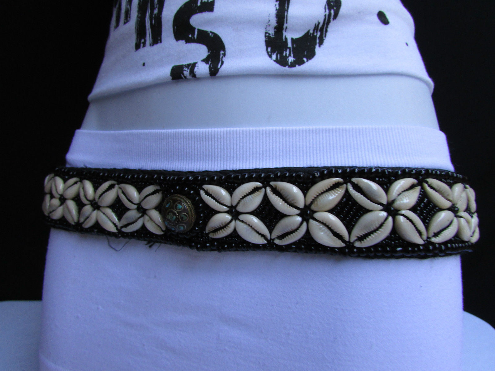 Women Waist Hip Black Beads Fabric Tie Fashion Belt White Real Sea Shells S M L 