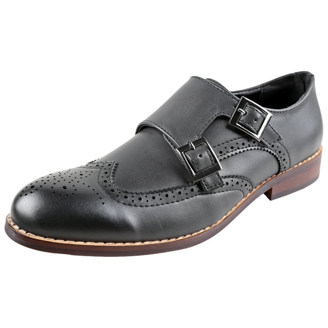 Urban Fox Allen Men's Dress Shoe | Double Monk Strap | Brogue | Wingtip Shoes for Men | Black 9 M US