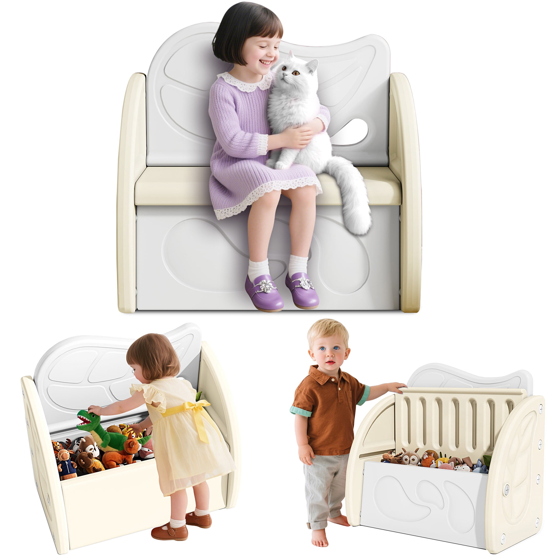 PAPROOS Kids Toy Box, Cute Toy Chest Organizer with Seating Bench and Sliding Door, Toy Storage Chest for Girls Boys, Modern Toy Storage Cabinet for Playroom, Living Room, Bedroom, Beige+Light Gray