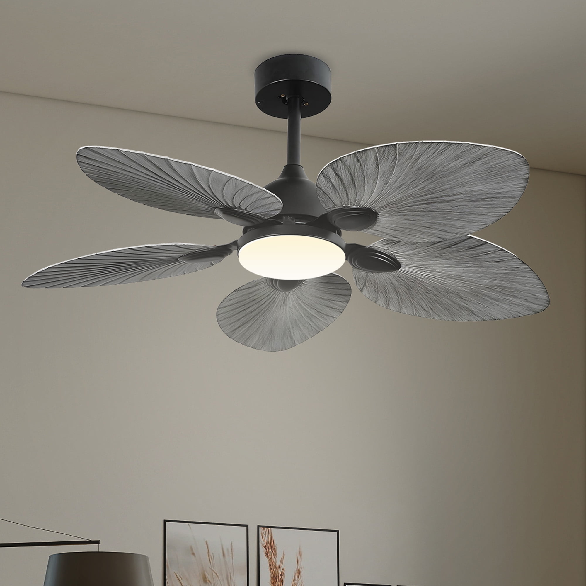 Uforic 42 Inch Tropical Palm Leaf Ceiling Fan with Lights and Remote/APP Control, Quiet DC Motor, 6-Speed, Dimmable, Adjustable Height, Reversible 5 Blades - Gray