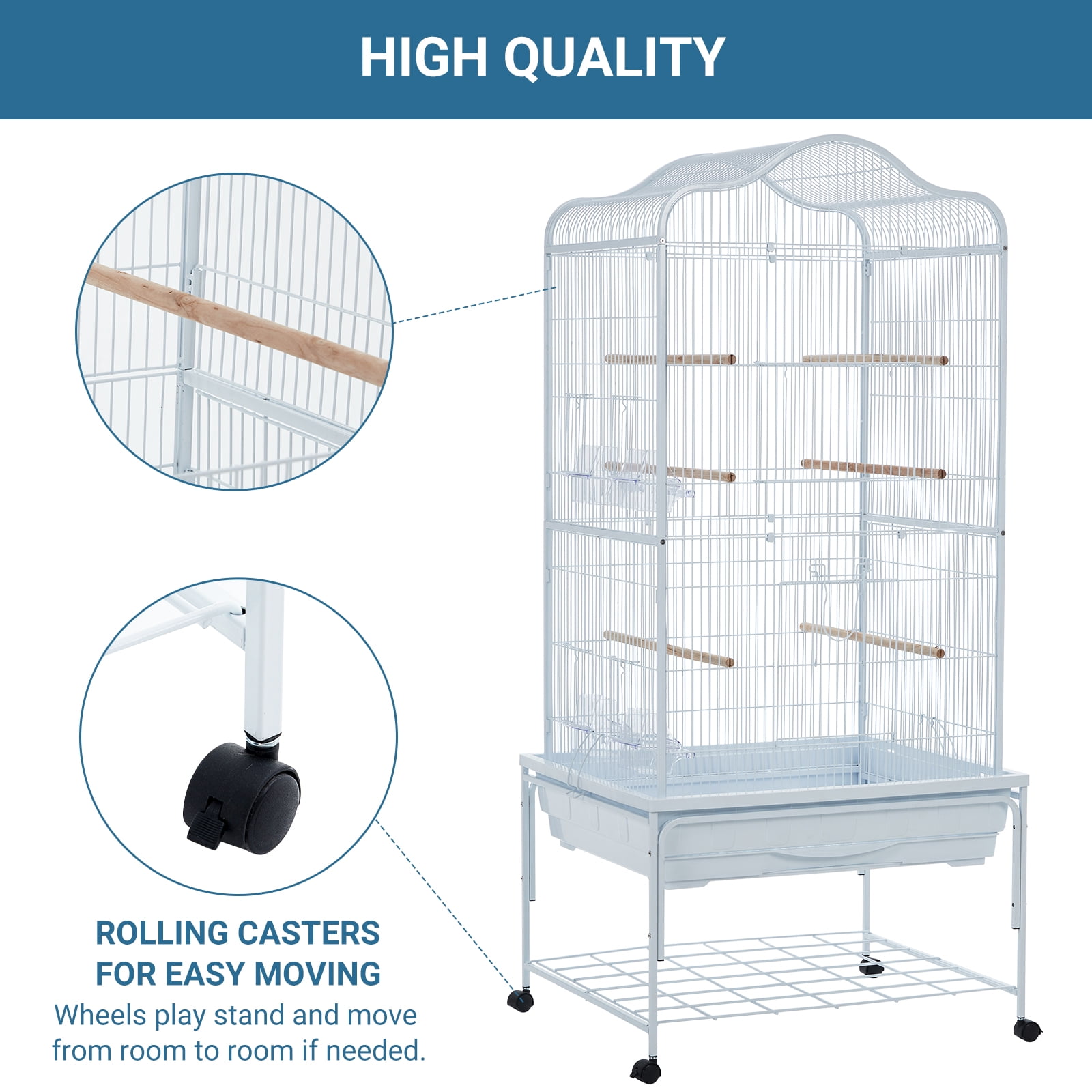 Spacious Metal Bird Cage with Play Top – Rolling Stand. Storage Shelf. -Out Tray – Flight Cage for Parrots. Cockatiels. Conures. Parakeets. Budgies. Lovebirds. Finches. Canaries – White