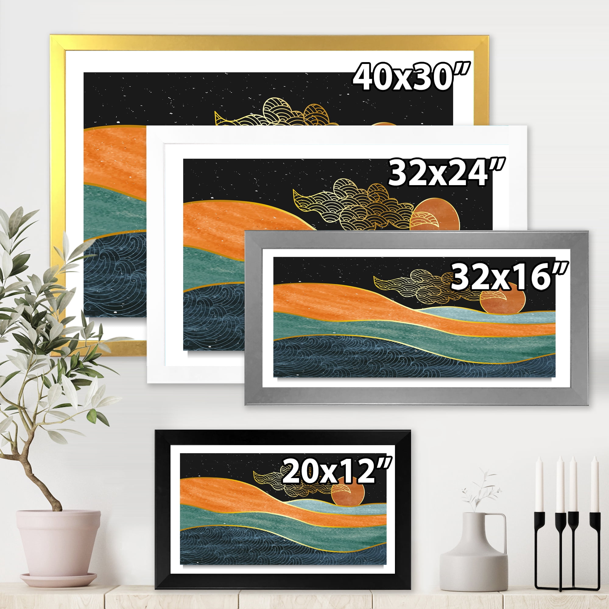 Designart 'Abstract Nature Sea Sun Sky Mountain Landscape' Modern Framed Art Print