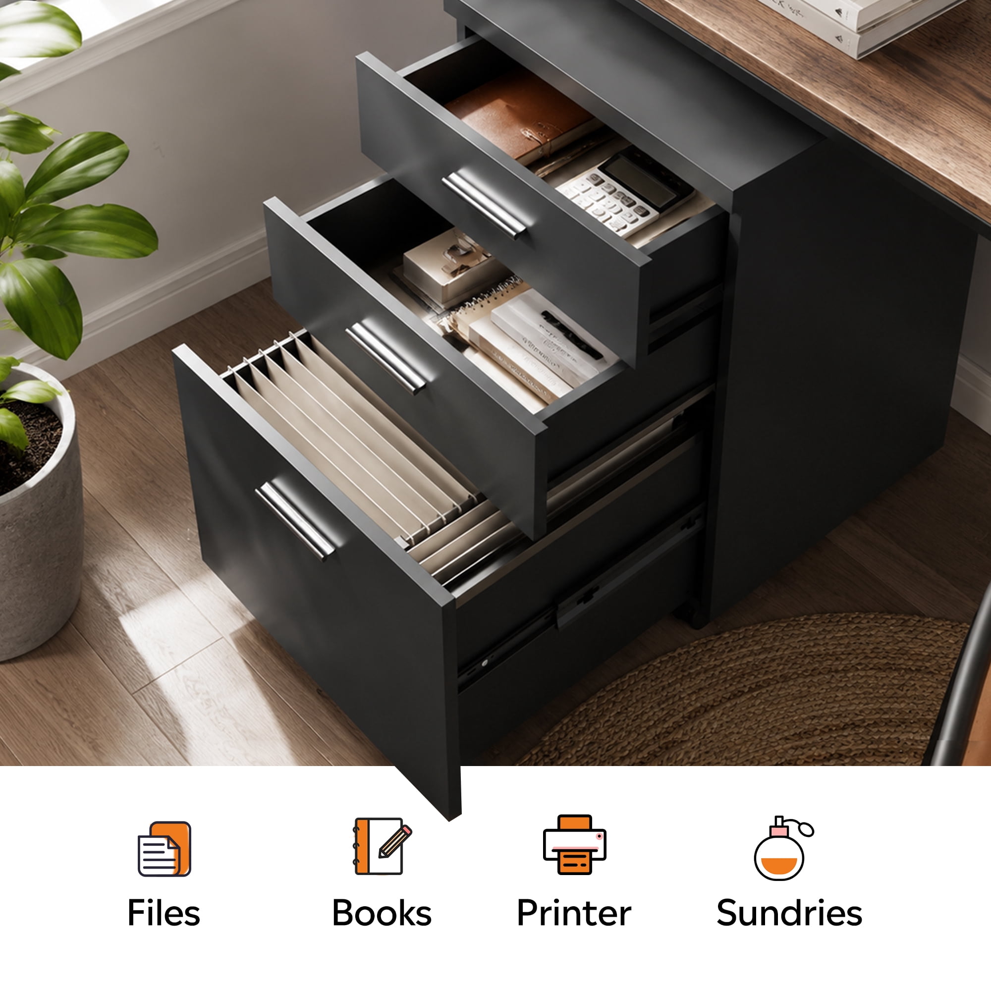 GALAXHERO Wood Rolling File Cabinet with 3 Drawers(Widen), Portable Vertical Mobile Wooden Storage Filing Cabinet, for Home Office, Black