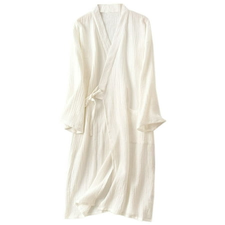 

WSPLYSPJY Womens Robes Cotton Gauze Kimono Bathrobe Sleepwear Lightweight Loungewear L White