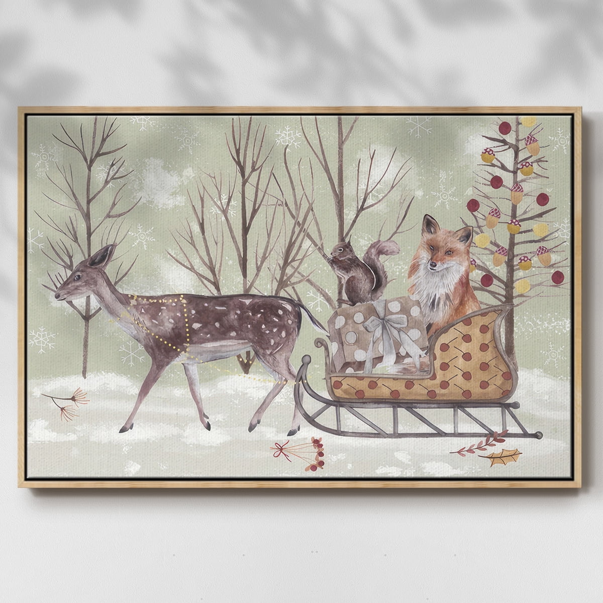 Christmas Time Collection A - Framed Gallery Wrapped Holiday Canvas - 25 x 37 - Natural Wood Frame