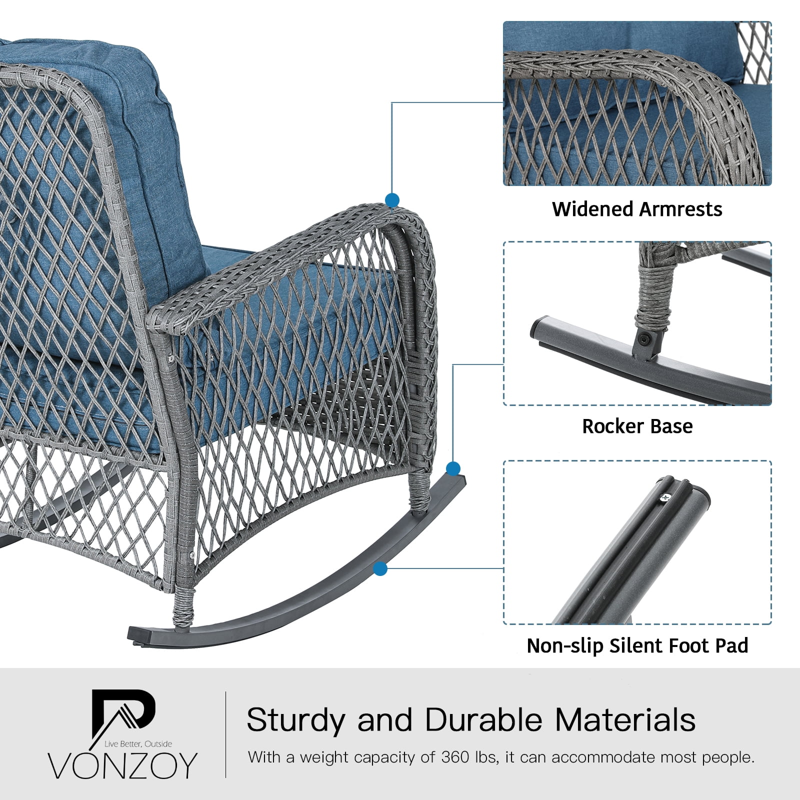 ELPOSUN 3-Piece Outdoor Rocking Chairs, Wicker Patio Furniture with Thickened Cushions and Table for Porch