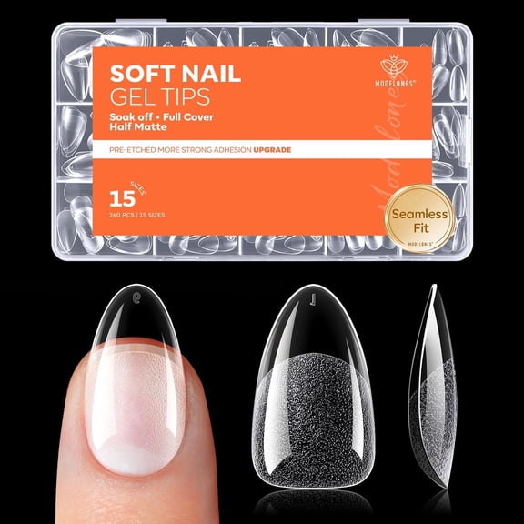 Modelones Almond Gel Nail Tips, 15Sizes Pre Etched Half Matte Clear Fake Nails Tips Short Almond Shape - 260PCS Full Cover Soft Acrylic Easy DIY Nail Extension or Press On Nails, Gift for Women