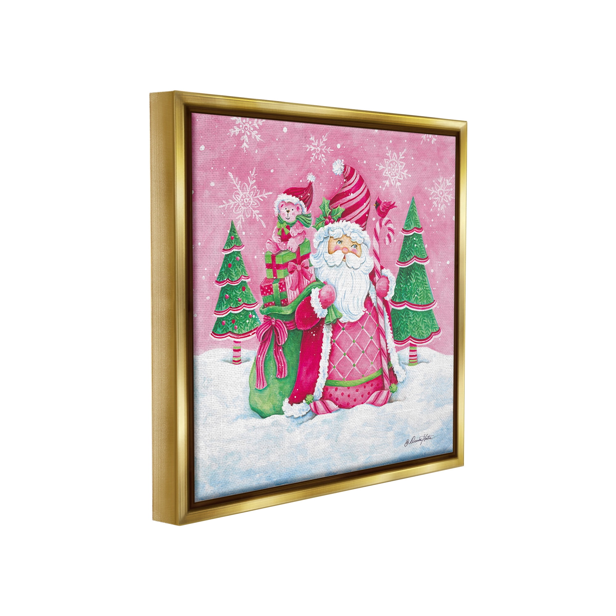 Stupell Industries Pink & Green Santa Scene Holiday Painting Gold Floater Framed Canvas Art Print Wall Art, 25 x 25