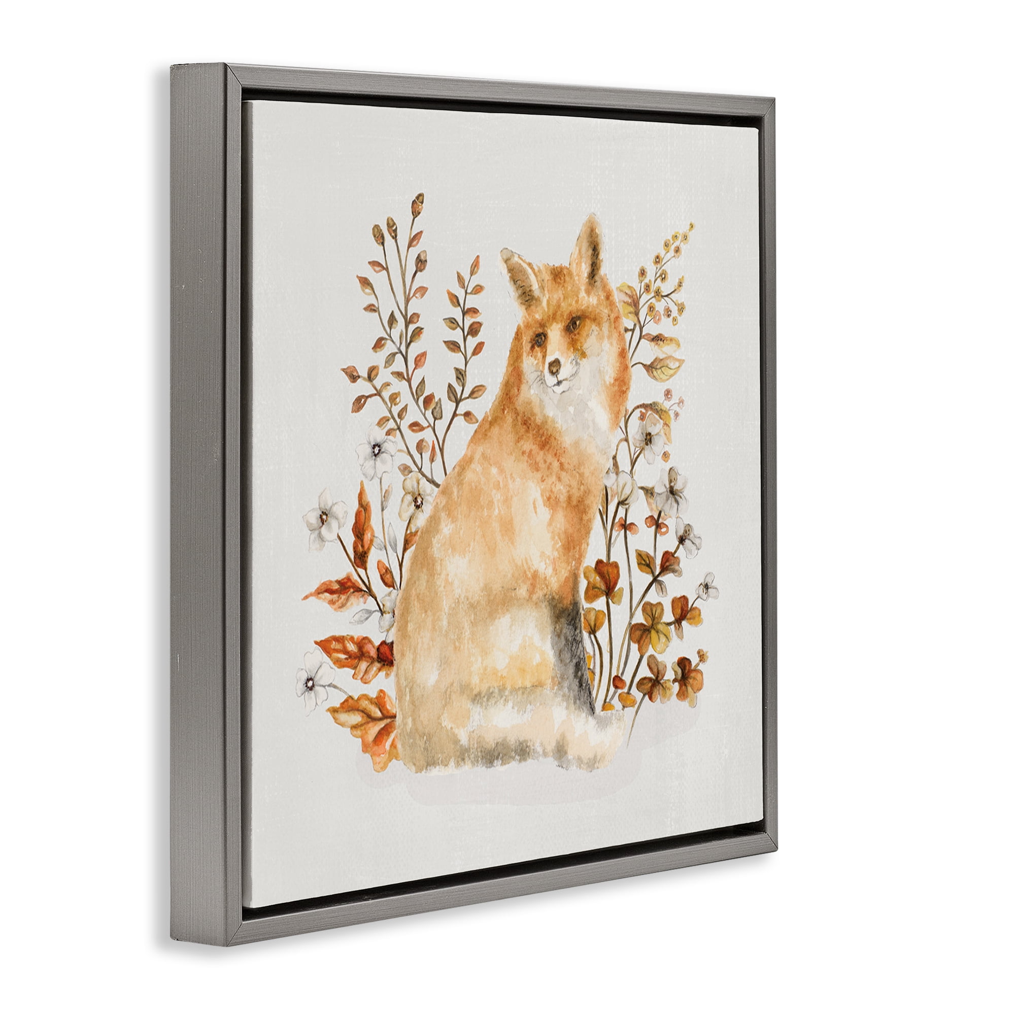 Stupell Industries Rustic Fox & Botanicals Animals & Insects Painting Gray Floater Framed Canvas Art Print Wall Art, 25 x 25