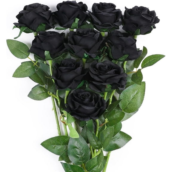 Black Flower Artificial Roses Flowers, Realistic Blossom Roses Real Touch Silk Rose Single Fake Flower Long Stem Bouquets for Home Decor Wedding Party Ceremony Funeral (10Pcs, Black)