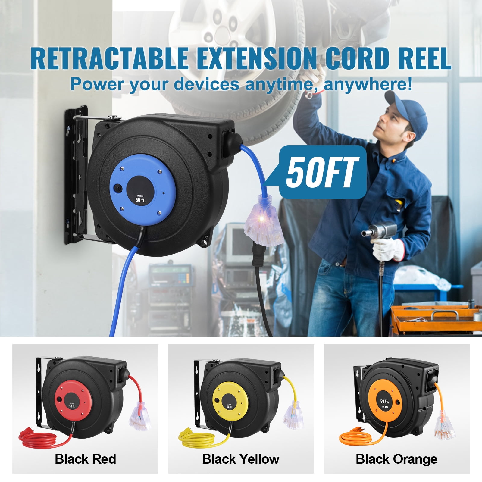 KFFKFF Pull-Out Power Cable Reel, 50 Feet, Robust 14AWG/3C SJTOW Retractable Electrical Wire with Illuminated Triple Tap Outlet, 13 Amp Circuit Interrupter 180° Pivoting Bracket for Overhead
