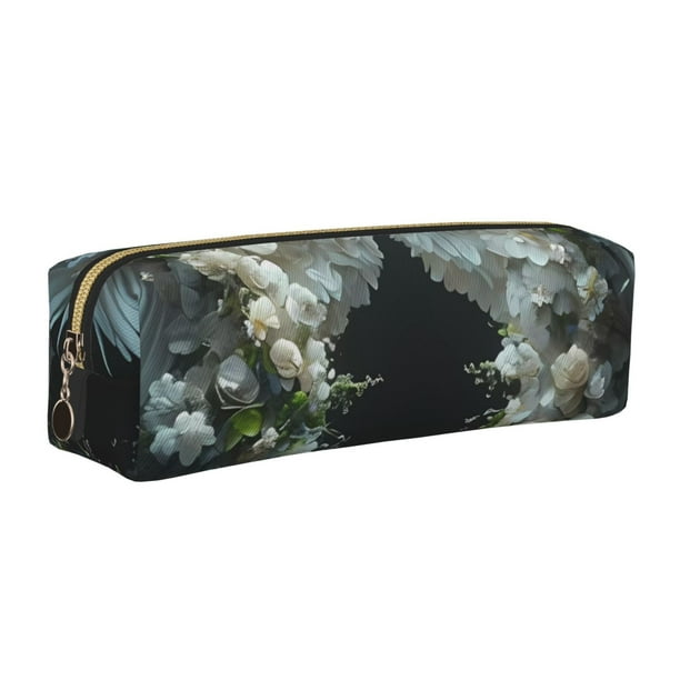 Balery Floral Angelic White Wings Estuche de Lápices de Cuero Impreso, Estuche para Suministros de Arte, Estuche de Lápices con Cremallera, Estuche de Almacenamiento de Papelería