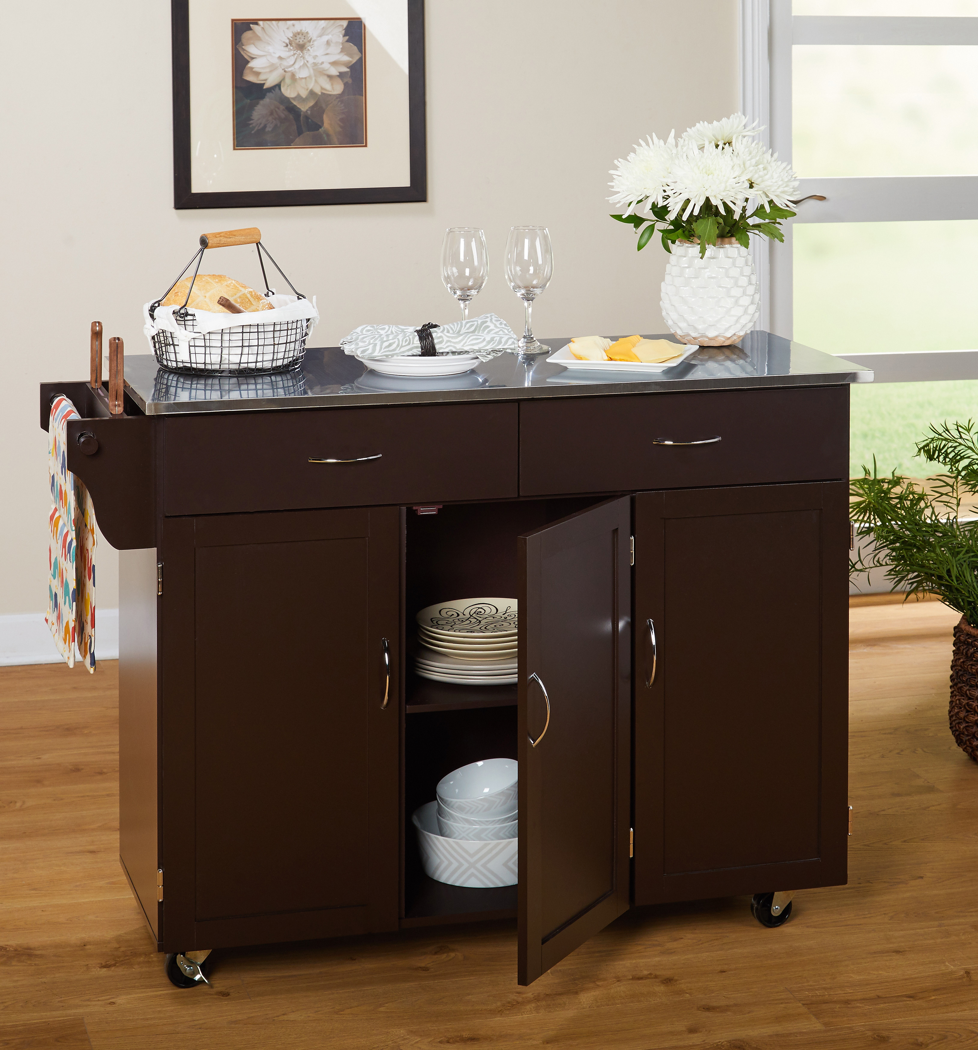 TMS Extra Large Rolling Kitchen Cart with Stainless Steel Top, Cabinets, Drawers, Adjustable Shelf, and Knife Block, Espresso