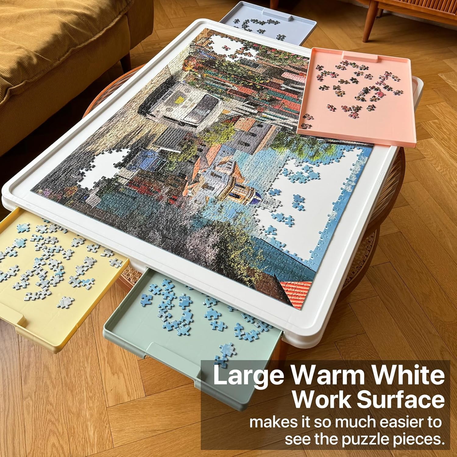 1500 Pieces Rotating Plastic Puzzle Board with Multicolor Drawers and Cover, 35"x27" Portable Spinning Jigsaw Puzzle Table for Adults, Upgraded Lazy Susan, Ideal Gift for Mum
