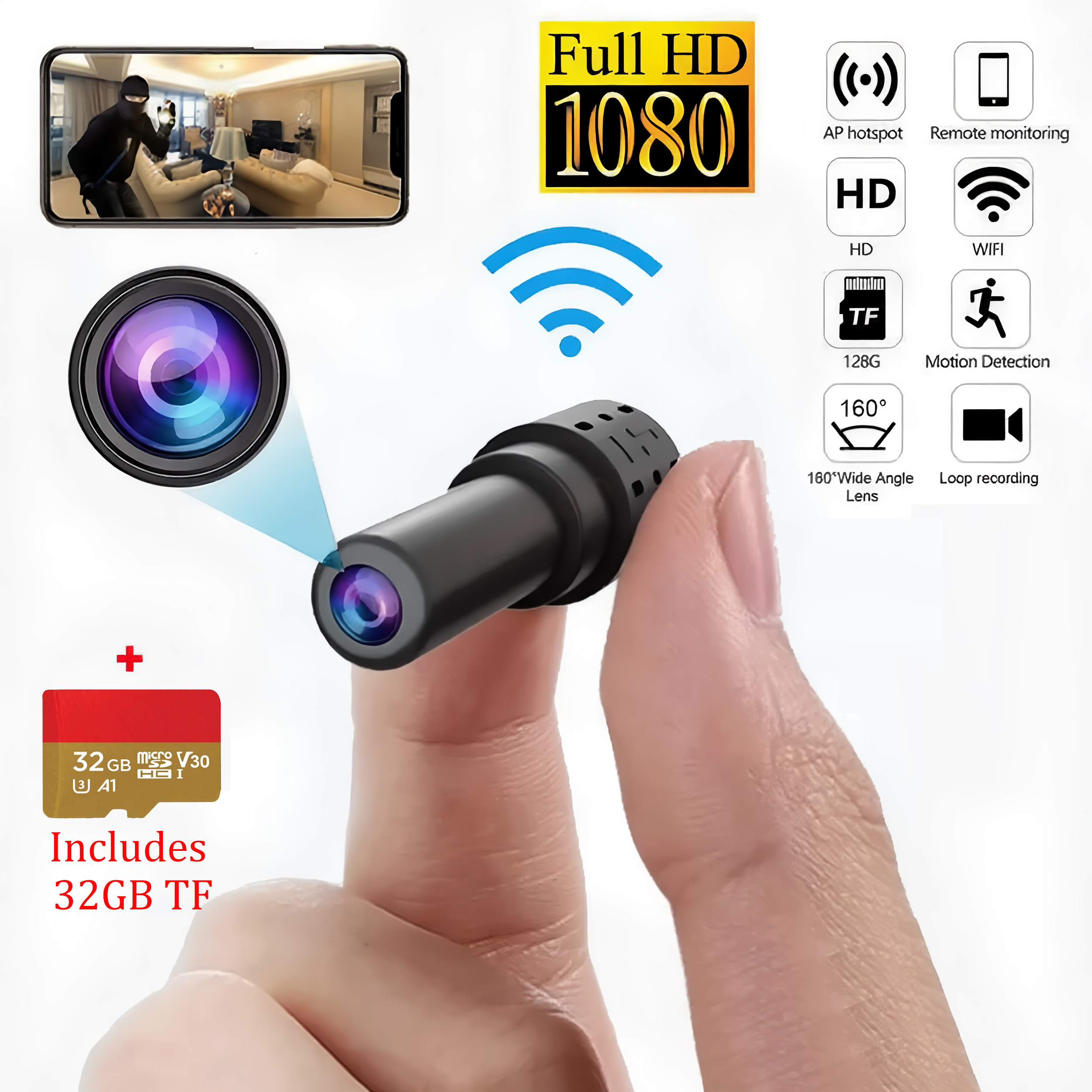 CartSaver 1080P Mini Surveillance Camera with WiFi Connectivity, Audio Video Capability, 32GB Memory Card Built-in Night Vision, Motion Detection, Remote Viewing for Home Security