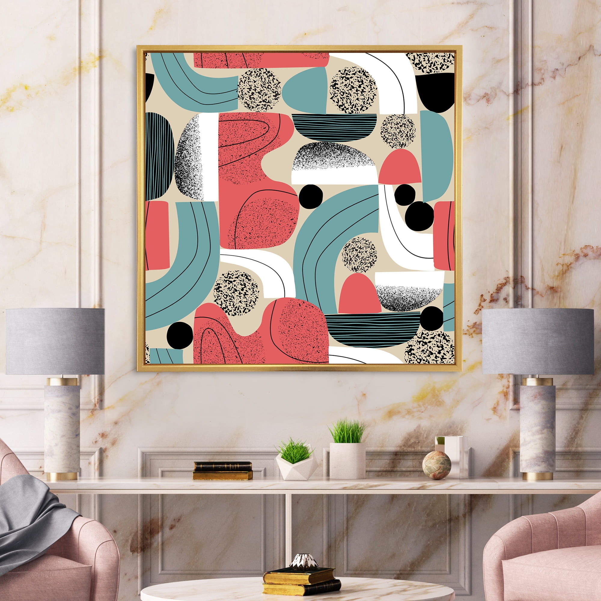 Designart 'Retro Shapes With Abstract Moons and Suns III' Modern Framed Canvas Wall Art Print