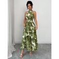 thumbnail image 6 of Olive Green Watercolor Floral Halter Neck Smocked Waist A-Line Maxi Dress For Women, 6 of 6