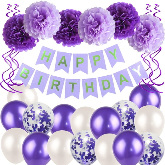 Purple Birthday Decorations Kit - HAPPY KKS1 BIRTHDAY Banner, Spiral Charm, Paper Flower Ball and Balloons for Gilrs Birthday Party